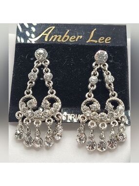 Vintage Austrian Crystal Long Dangle Earrings White Chandelier Sparkly